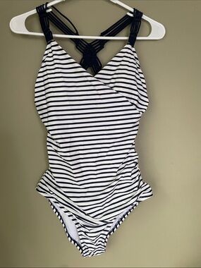 Navy & White Striped Women’s’ One-Piece Swimsuit